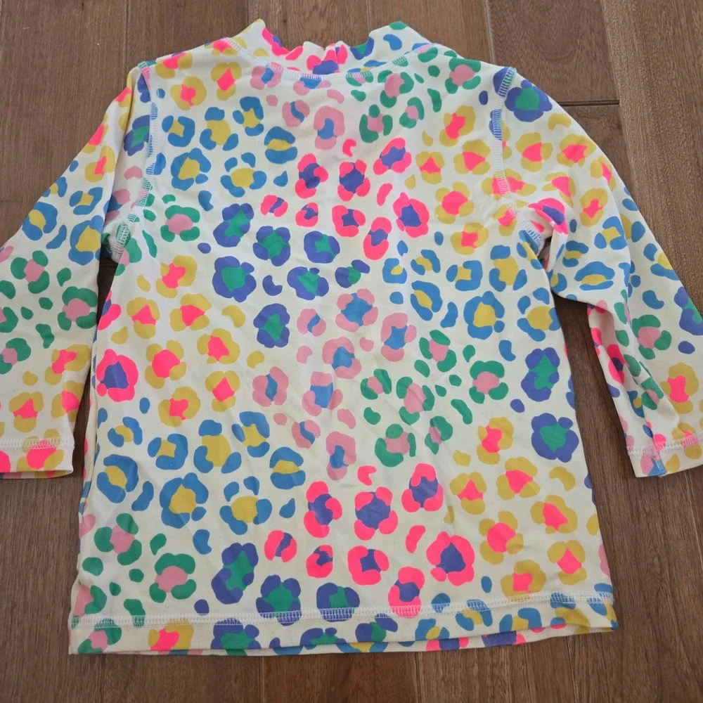 Mini Boden Kids Neon Leopard Print Rash Guard Long Sleeve Swim Top UPF 40+ 3-4Y